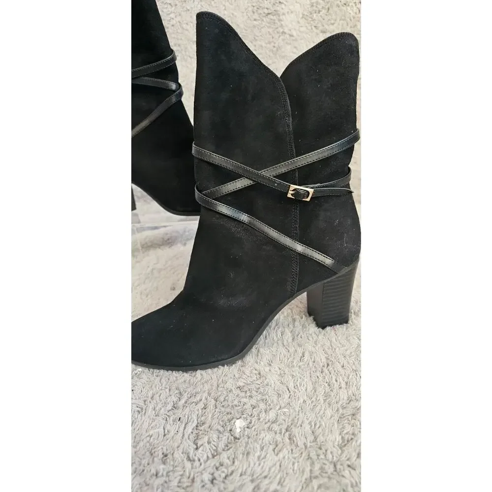 Isaac‎ Mizrahi Scooter Black Suede Leather High Ankle Heeled Boots Womens 6.5M